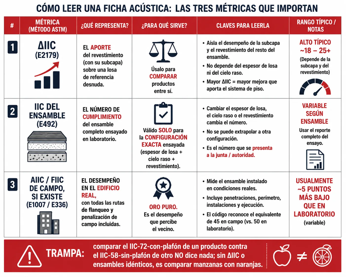 Imagen-tabla que enseña a leer los tres números de una ficha acústica de subcapa: la mejora delta como número de comparación entre productos, la clase de aislamiento al impacto del ensamble como número de cumplimiento válido solo para la configuración ensayada, y el dato de campo como oro puro, con la trampa de comparar ensambles distintos.