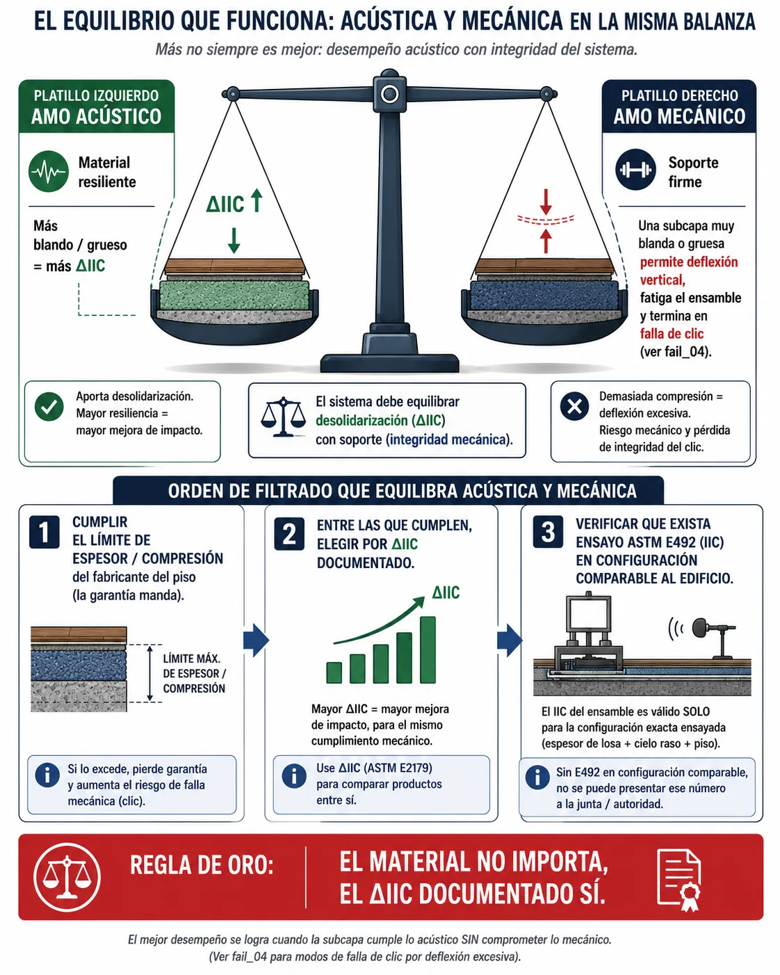 Diagrama de balanza que muestra la subcapa de un piso flotante sirviendo a dos exigencias opuestas: el lado acústico pide material resiliente y grueso para más mejora delta, y el lado mecánico pide soporte firme para no fatigar el sistema de clic, con el orden de filtrado profesional que resuelve el conflicto.