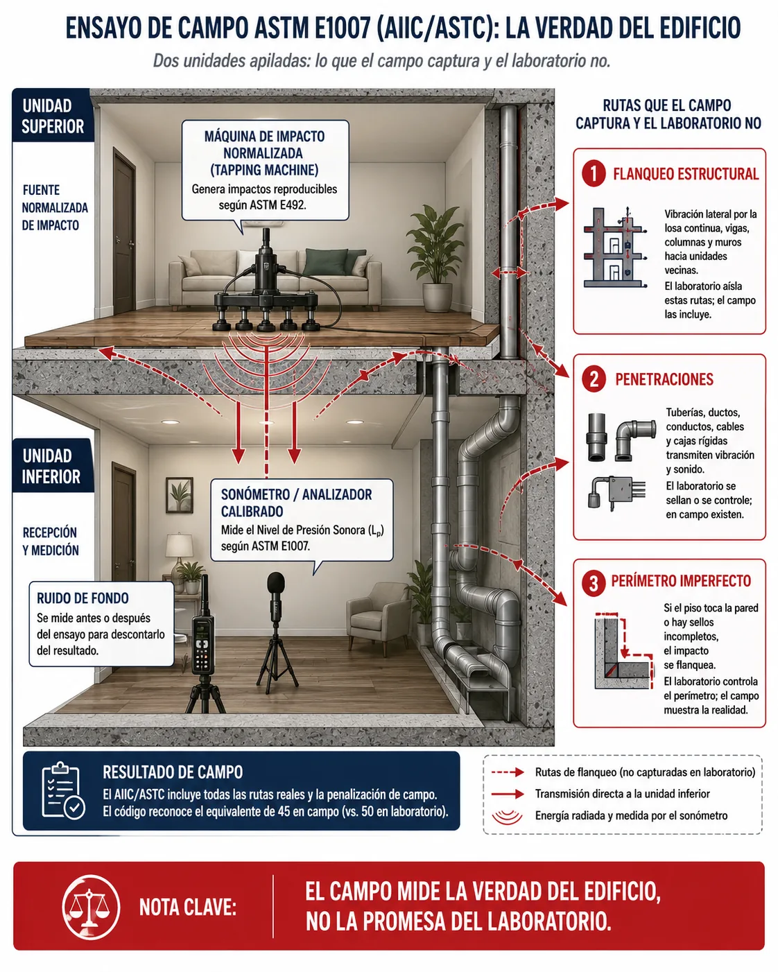 Diagrama en corte de dos unidades que ilustra el ensayo de campo de sonido de impacto: la máquina de impacto normalizada golpea el piso de la unidad de arriba mientras un sonómetro calibrado mide en la unidad de abajo, capturando el flanqueo estructural, las penetraciones y el perímetro imperfecto que el laboratorio no ve.
