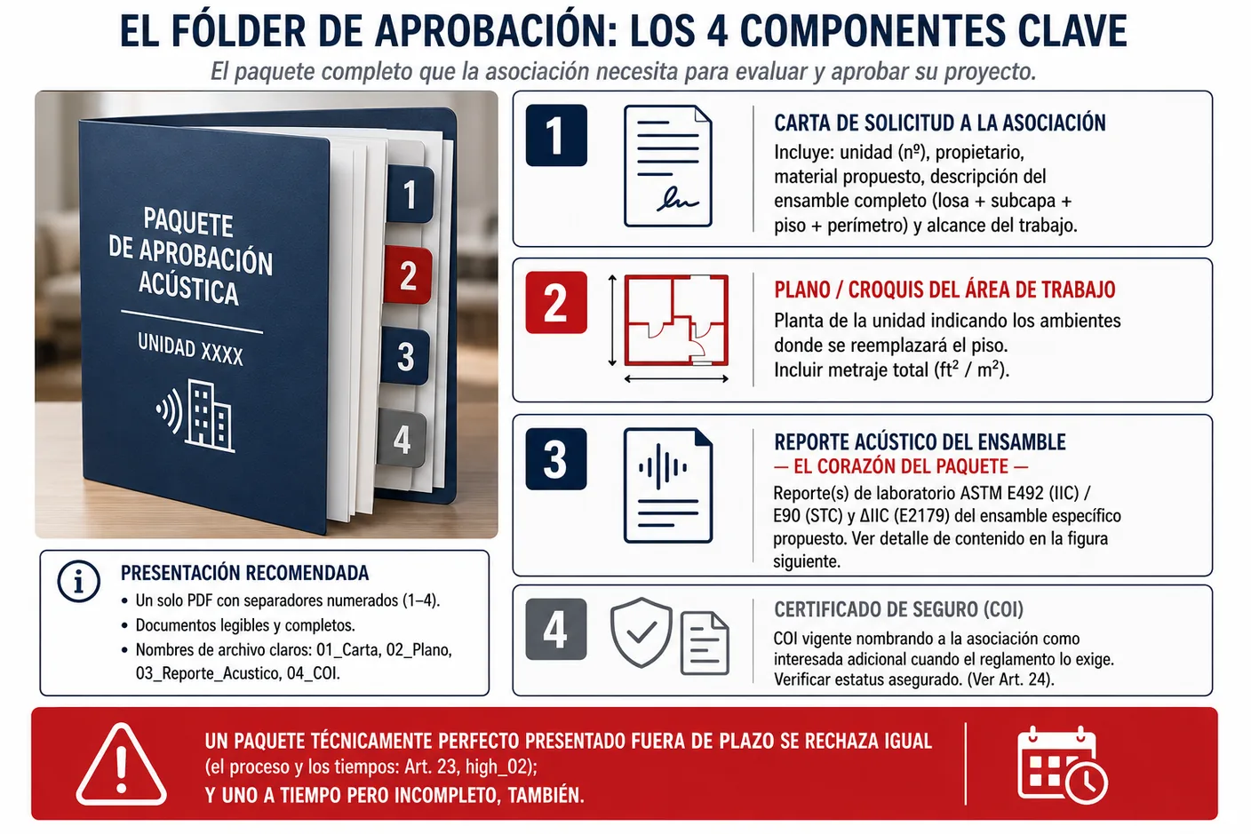 Infografía del paquete de aprobación acústica para junta de condominio: la carta de solicitud a la asociación, el plano del área de trabajo, el reporte acústico del ensamble como corazón del paquete, y el certificado de seguro del contratista, con la regla de que un paquete técnicamente perfecto presentado fuera de plazo se rechaza igual.