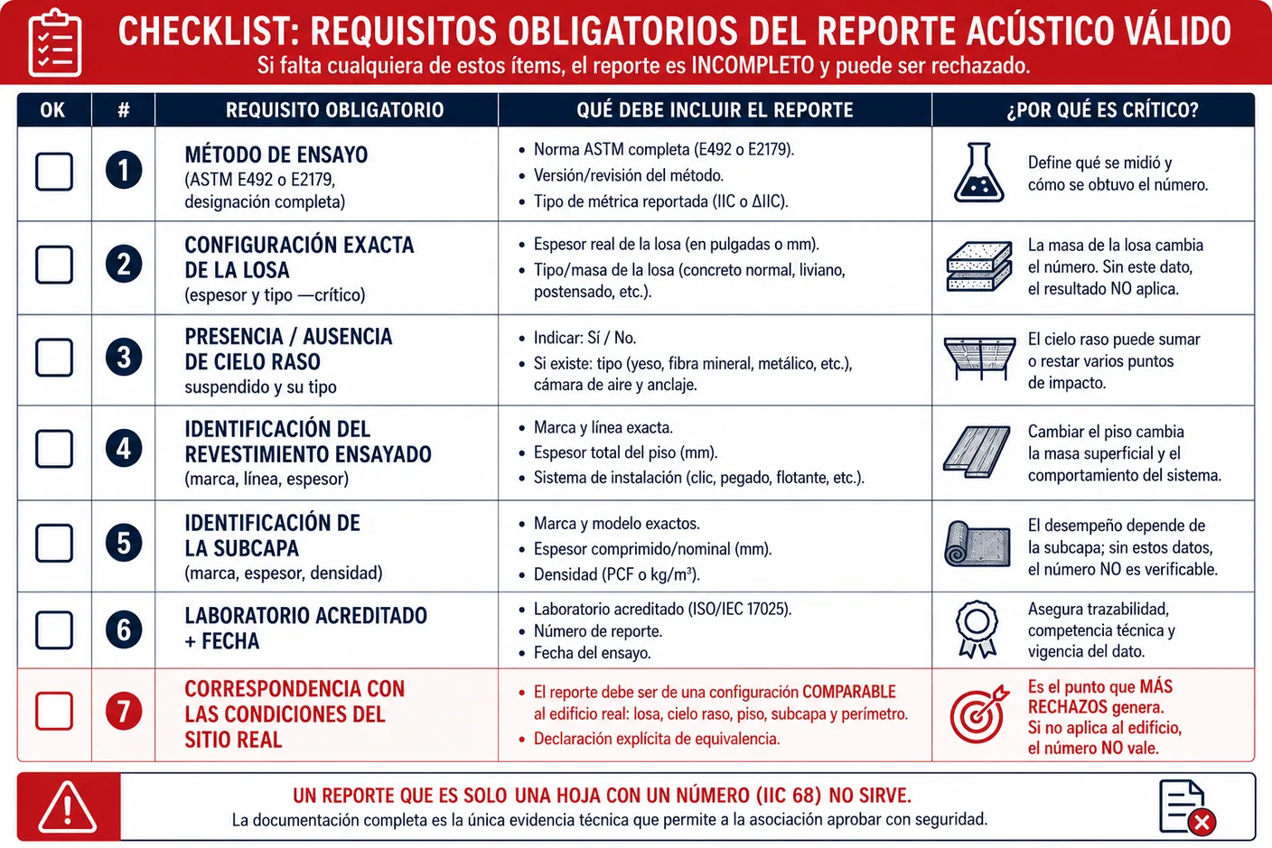Imagen-tabla en forma de checklist del contenido que un reporte acústico válido debe declarar para no ser rechazado: el método de ensayo, la configuración exacta de la losa, la presencia del cielo raso, la identificación del revestimiento y la subcapa, el laboratorio acreditado con fecha, y la correspondencia con las condiciones reales del edificio.