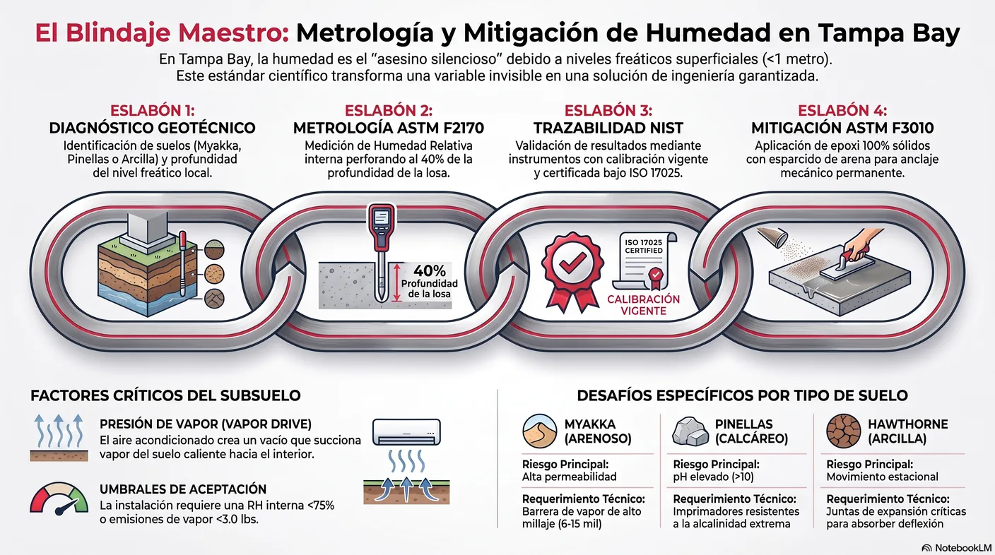Diagrama de la cadena de trazabilidad: del patrón nacional NIST al laboratorio acreditado ISO 17025, al instrumento de campo y a la lectura en obra.