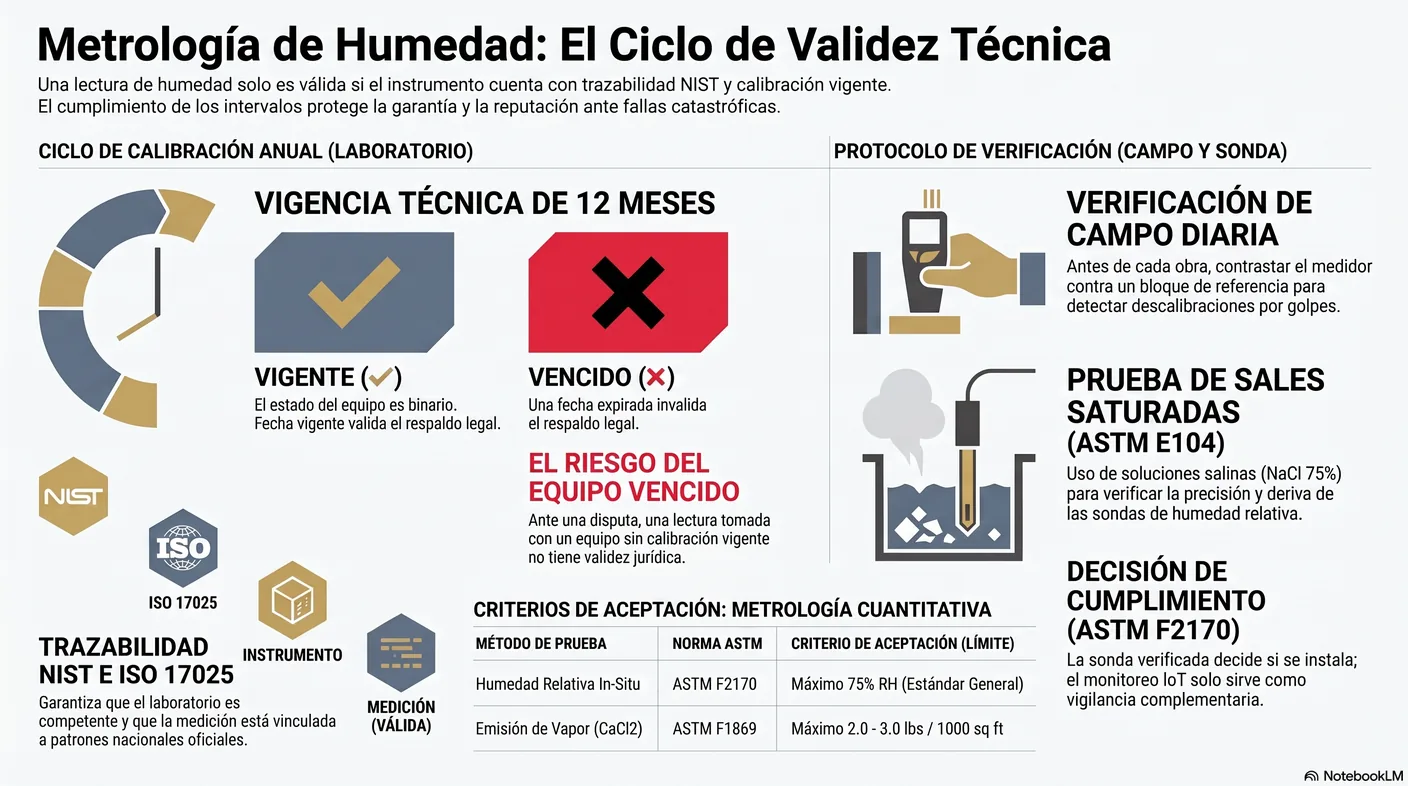 Línea de tiempo que contrasta un instrumento con certificado de calibración vigente frente a uno vencido, equivalente a un medidor sin calibrar.