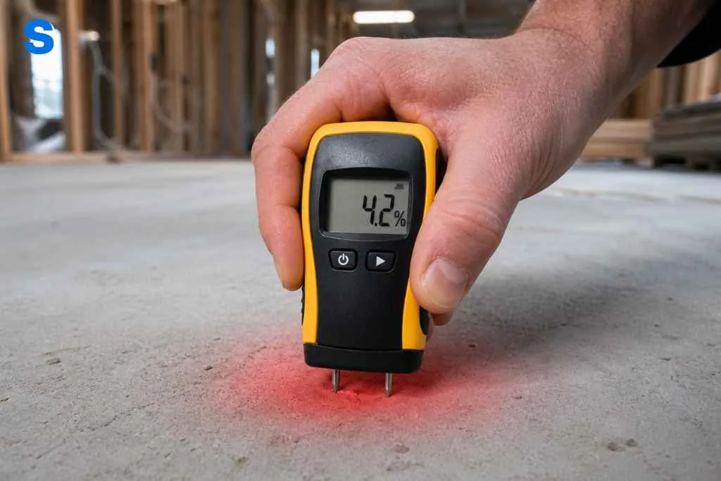 Medidor de humedad contrastándose contra el bloque de referencia de calibración del fabricante antes de medir.