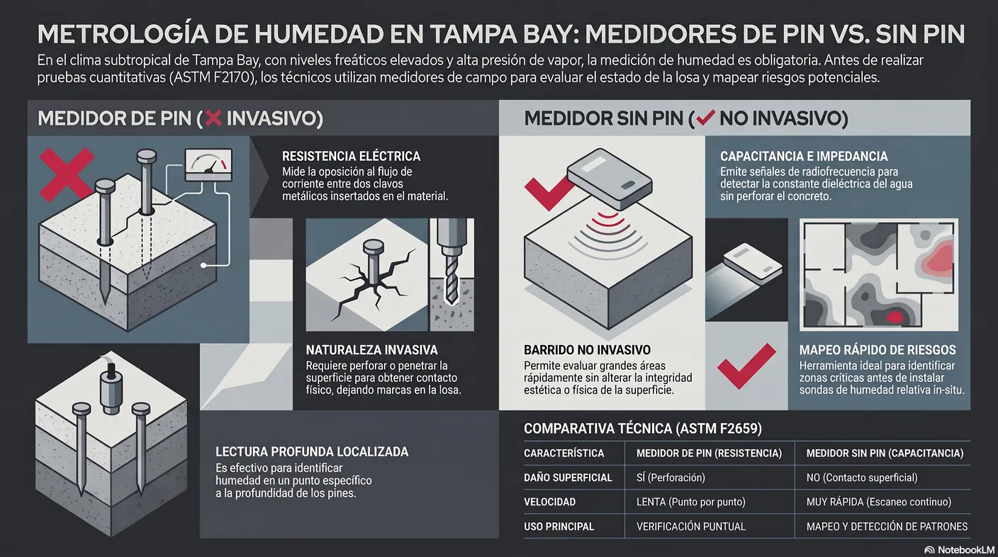 Diagrama que contrasta el medidor de pin por resistencia, invasivo, con el medidor sin pin por capacitancia, de barrido no invasivo.