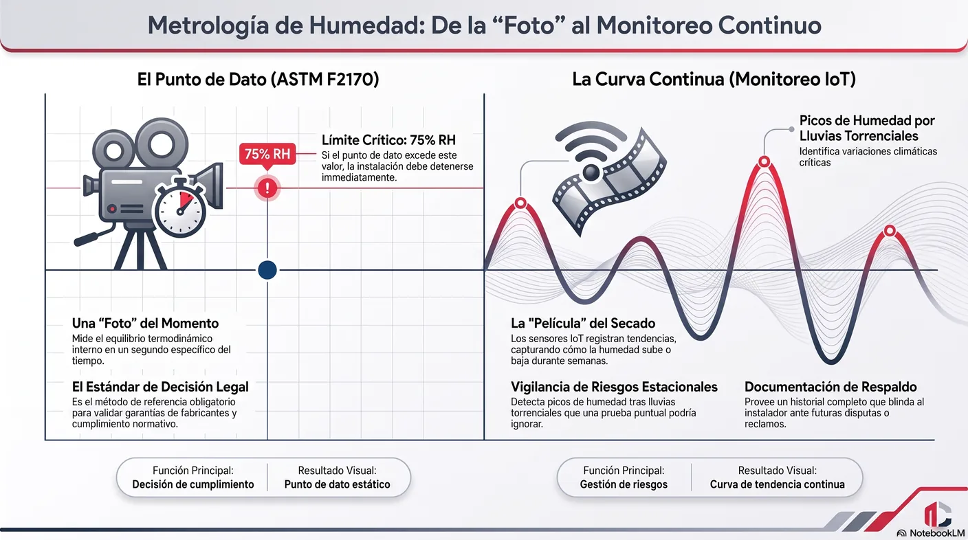 Diagrama que contrasta la prueba puntual F2170, una foto en el tiempo, con el sensor IoT que registra la humedad de forma continua, una película.