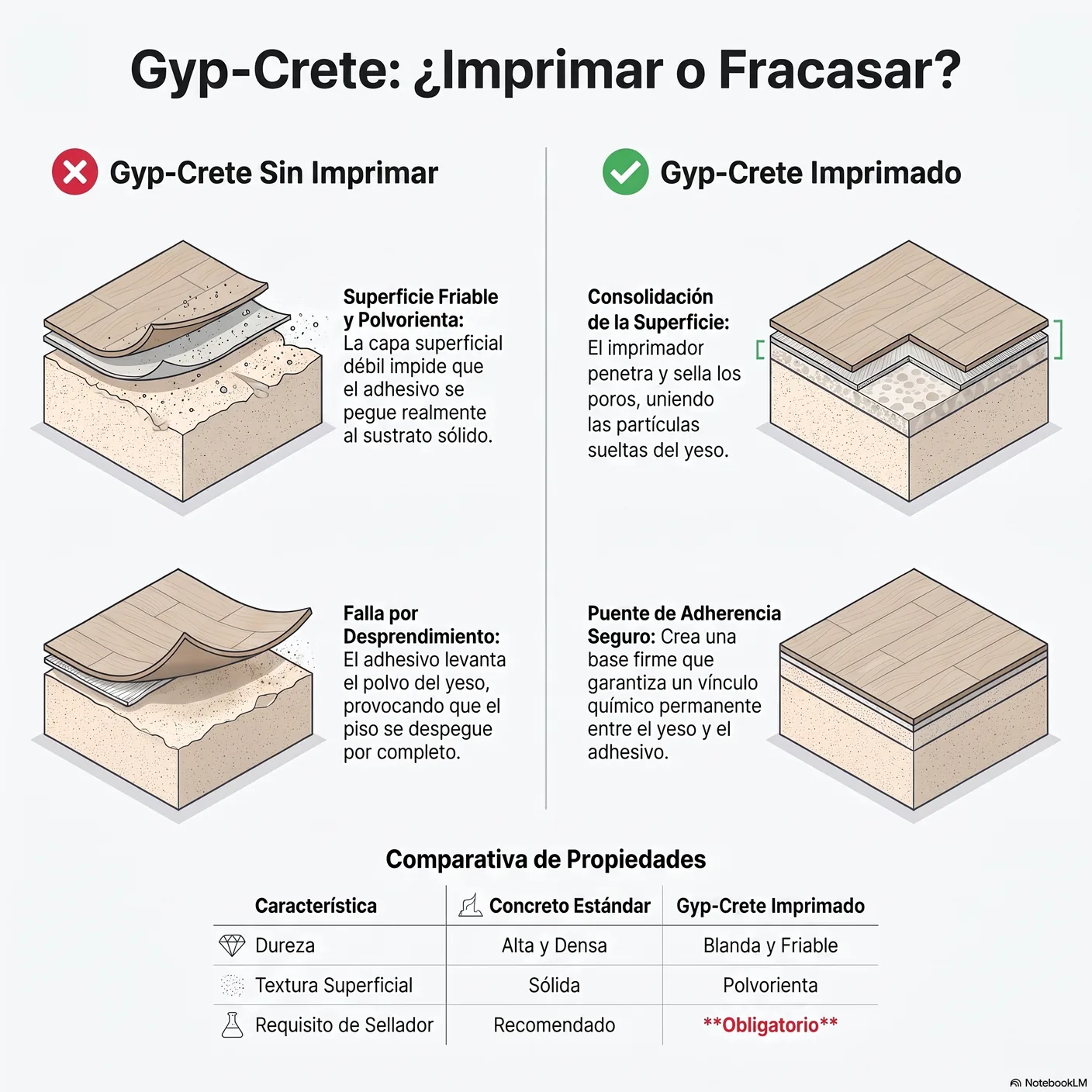Diagrama que muestra cómo el imprimador consolida la superficie friable y polvorienta del gyp-crete para que el adhesivo o el autonivelante peguen.