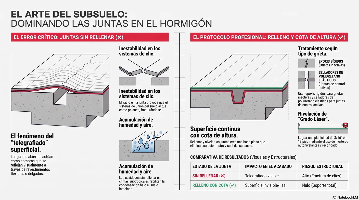 Diagrama de un corte de cerámica existente con las juntas de lechada rellenas y niveladas para evitar el telegrafiado, indicando el aumento de altura del piso.
