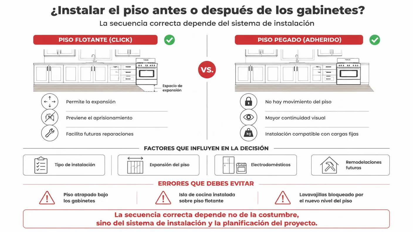 Árbol de decisión de la secuencia piso-gabinetes: el flotante va después o hasta los gabinetes, y el pegado puede ir antes.