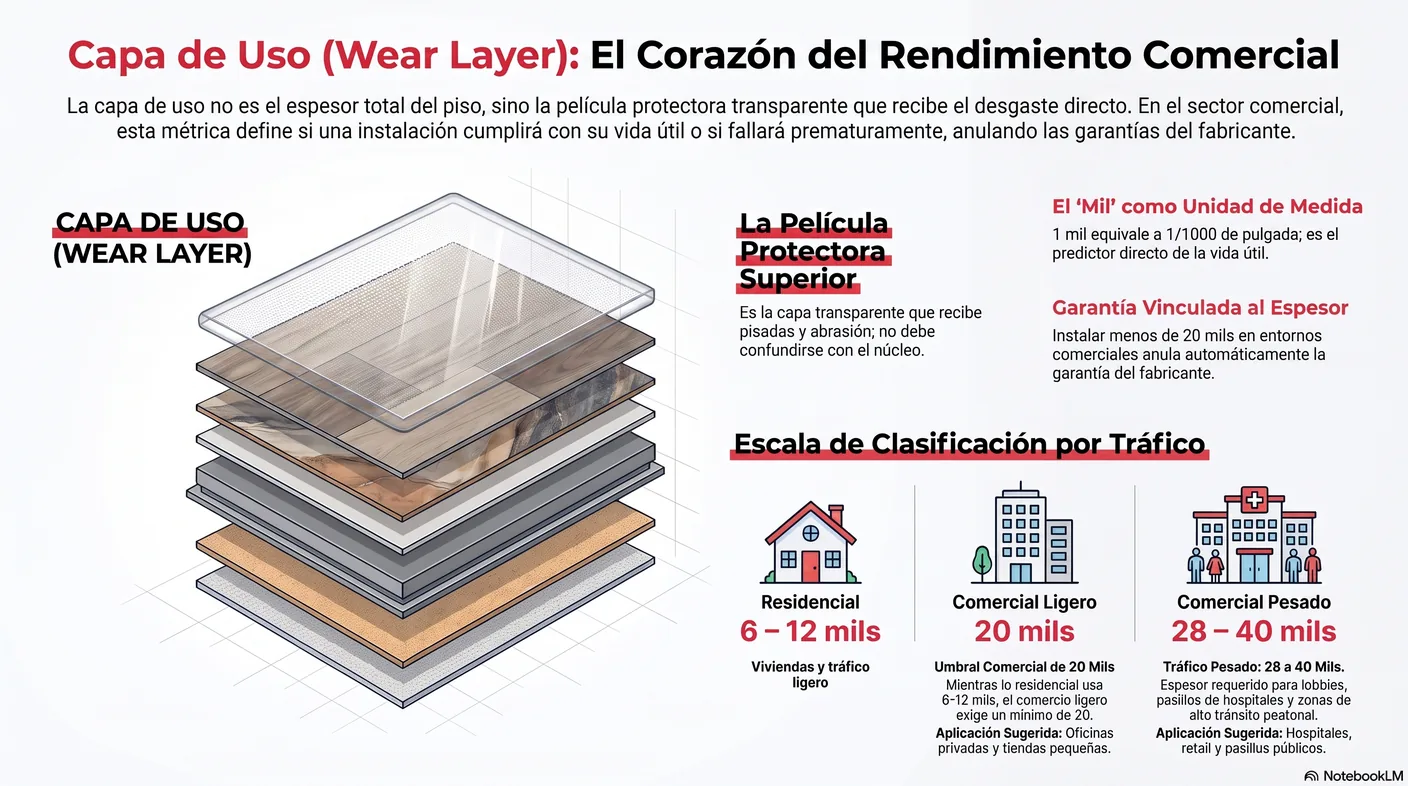 Diagrama que aclara que la capa de uso es solo la película transparente superior, no el espesor total de la tabla.