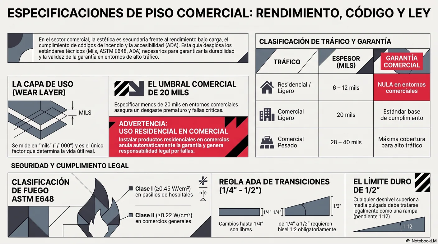 Imagen-tabla de la escala de mils por uso —residencial, comercial ligero y comercial pesado— vinculada a la garantía del fabricante.
