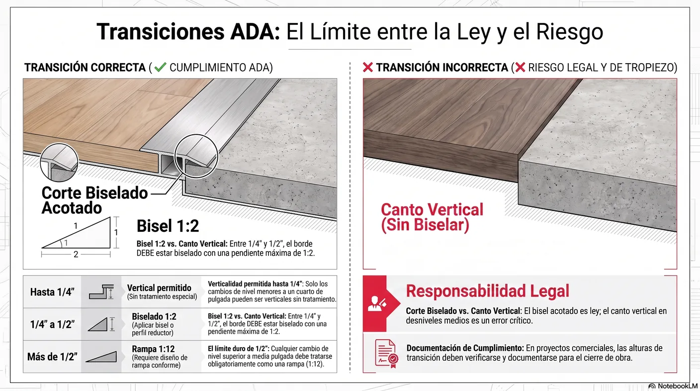Diagrama detallado del bisel uno a dos para los cambios de nivel entre un cuarto y media pulgada, con el límite duro de media pulgada.