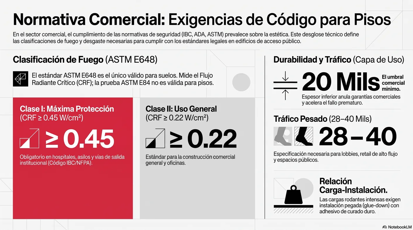 Imagen-tabla de las clases de fuego del piso: Clase I con flujo radiante crítico mayor o igual a 0,45 y Clase II mayor o igual a 0,22, y dónde las exige el código.