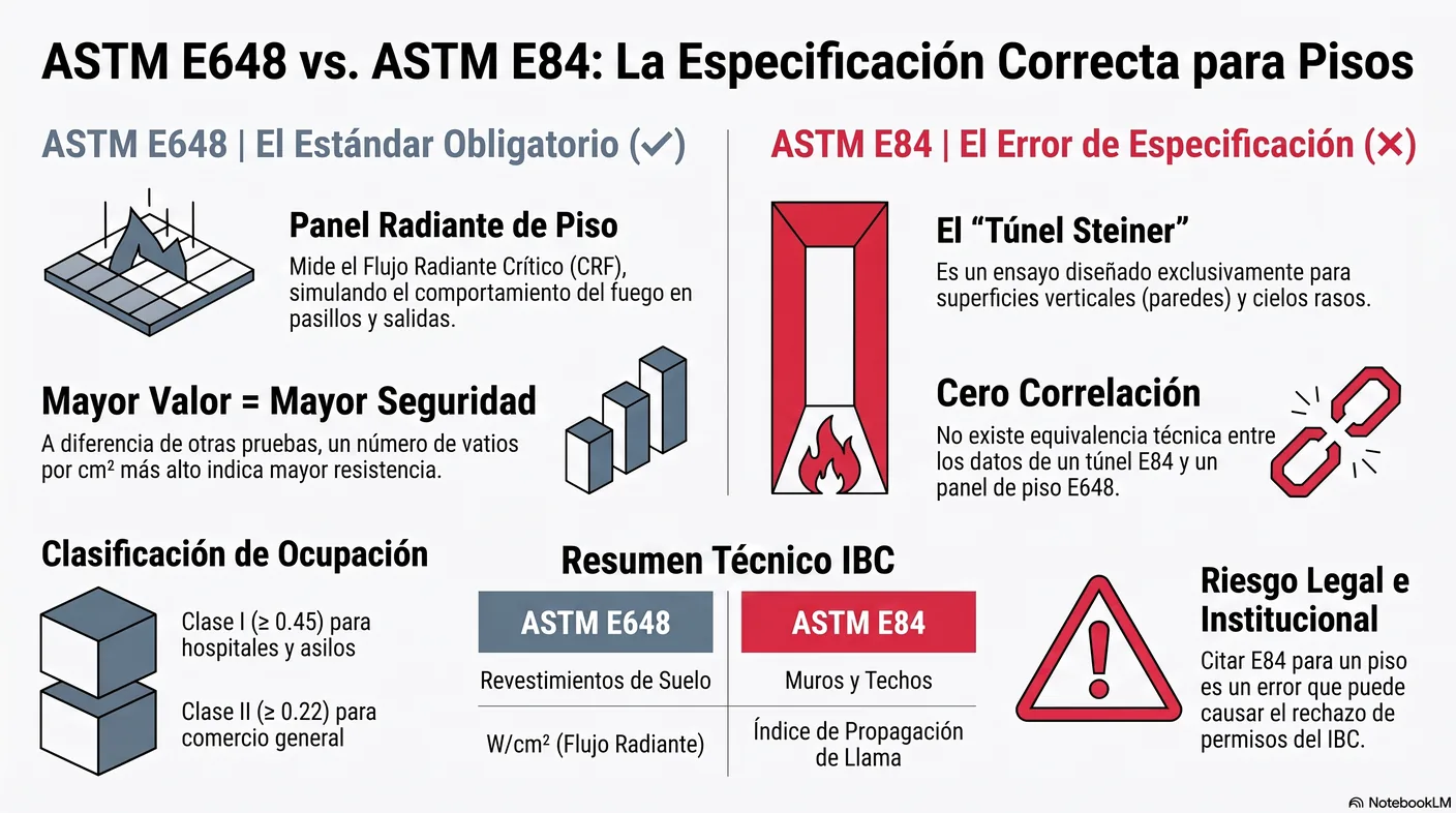 Diagrama que contrasta el panel radiante horizontal de la E648, para piso, con el túnel Steiner de la E84, para muros y techos.