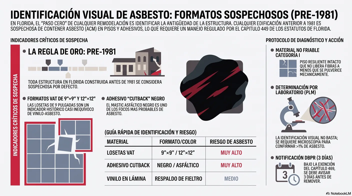 Diagrama de los candidatos a asbesto por formato: losetas de nueve por nueve pulgadas, vinilo en lámina con respaldo de fieltro y adhesivo negro cutback.