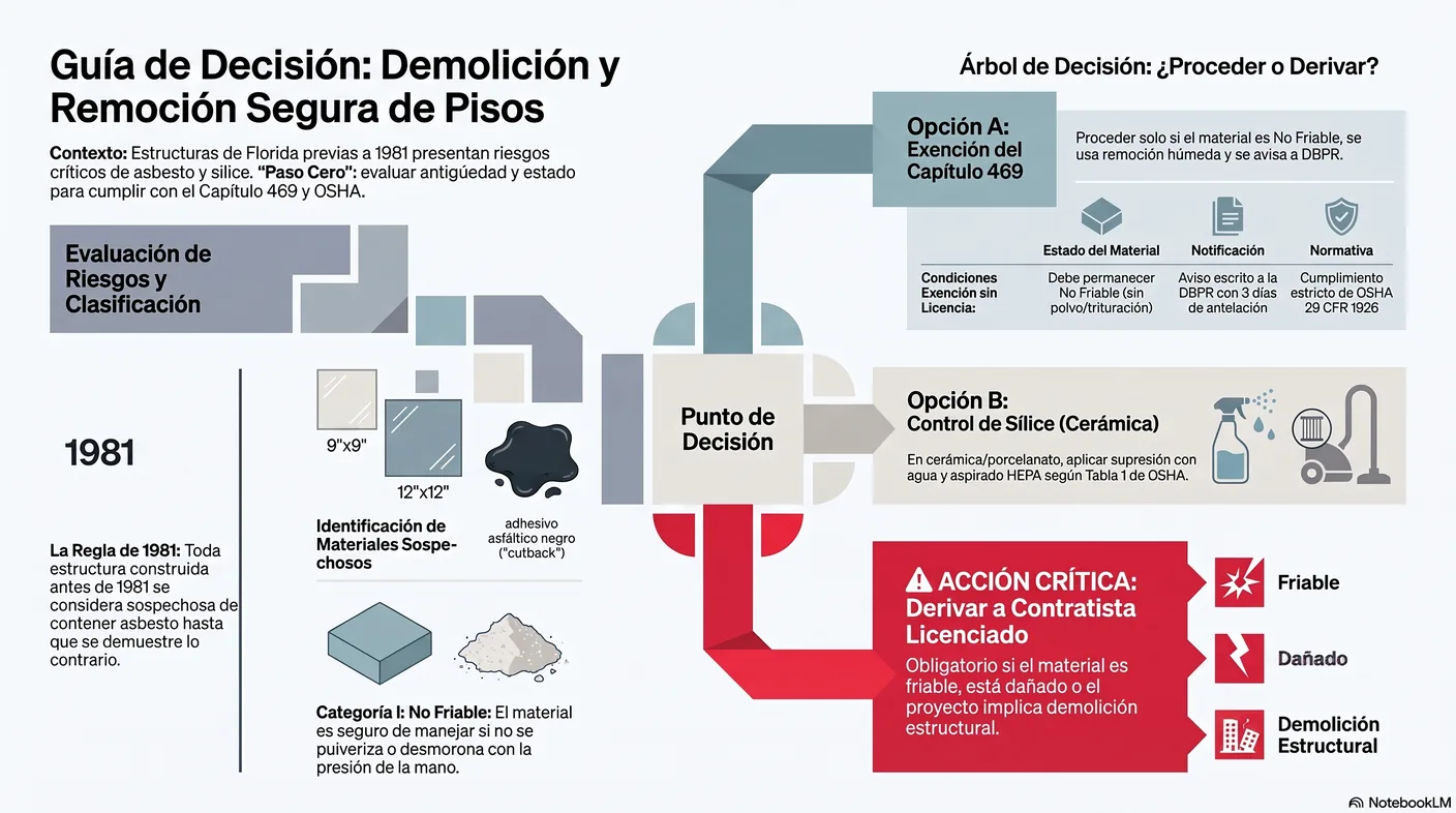 Árbol de decisión ante un piso sospechoso: remover bajo la exención, dejar en su lugar e instalar encima, o derivar a un contratista de abatimiento licenciado.