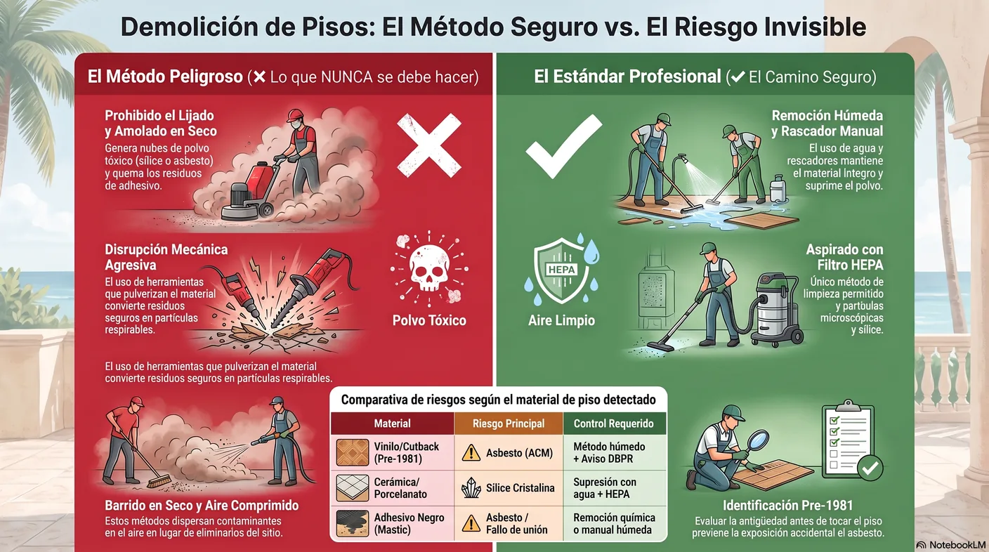 Diagrama que contrasta el error de rectificar el cutback en seco, que libera fibras y quema el adhesivo, con la remoción húmeda y suave correcta.