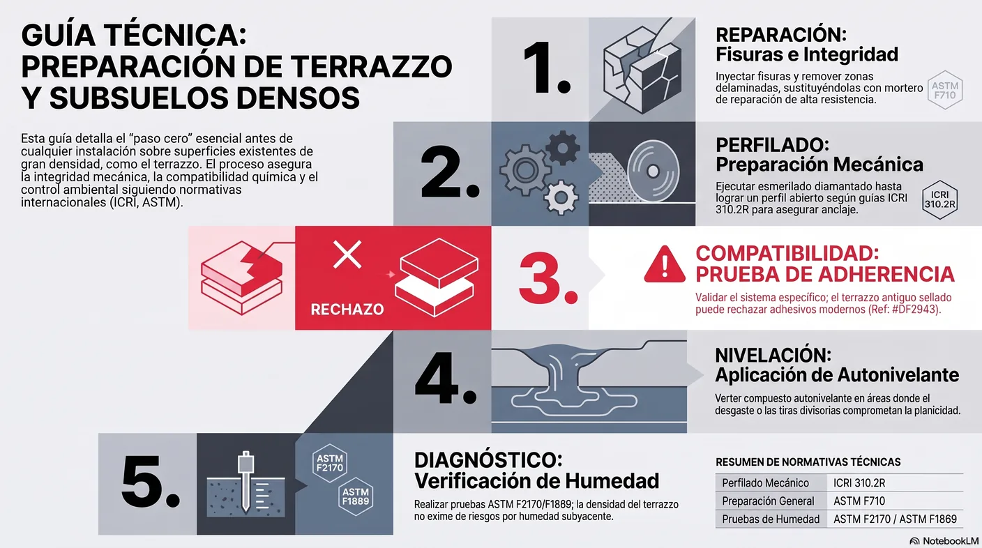 Infografía de la ruta de preparación del terrazzo como sustrato: reparar fisuras y zonas delaminadas, perfilar mecánicamente la superficie densa y pulida, hacer una prueba de adherencia, aplicar autonivelante donde el desnivel lo exige, y verificar la humedad de la losa subyacente.