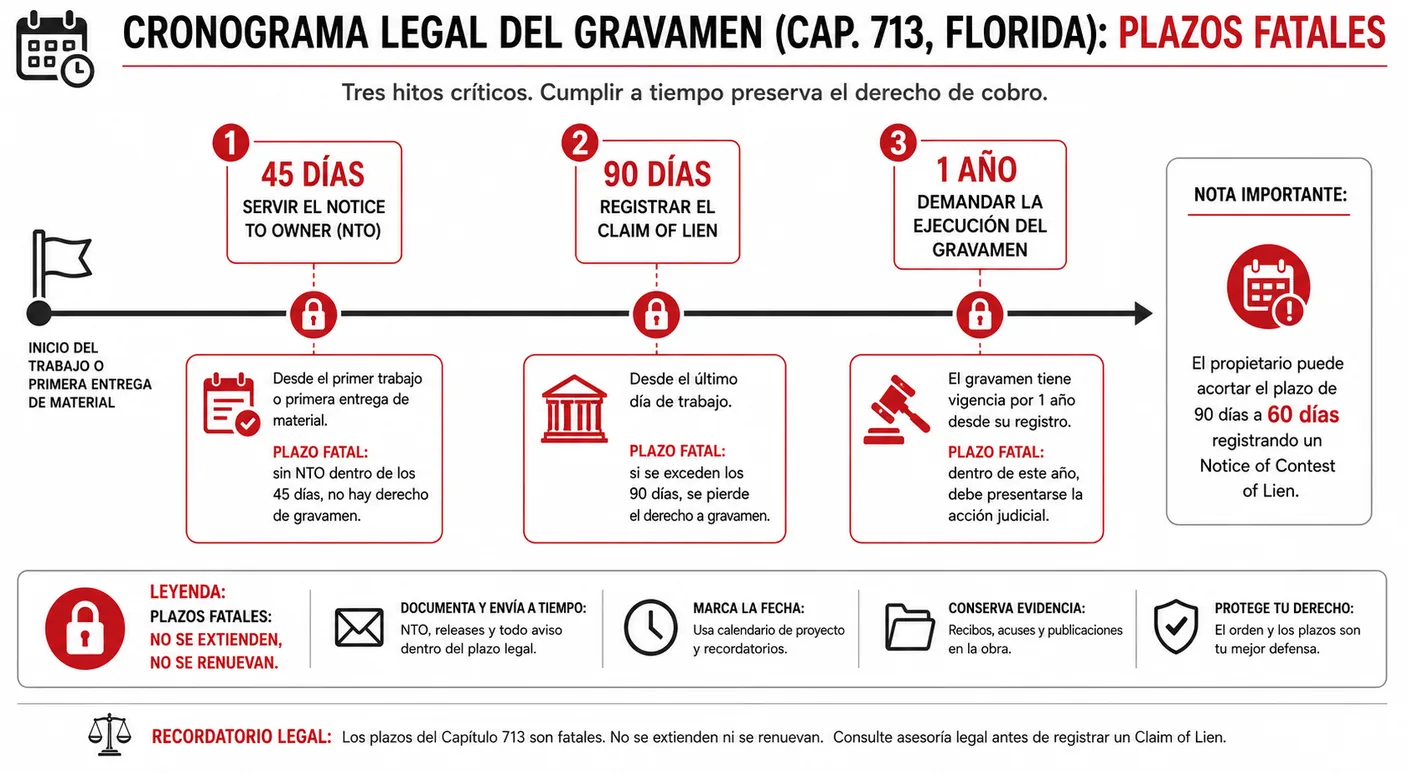 Diagrama de línea de tiempo con los plazos fatales de la Ley de Gravámenes de Florida: cuarenta y cinco días para servir el aviso al propietario, noventa días desde el último trabajo para registrar el reclamo de gravamen, y un año para demandar su ejecución, con la posibilidad de que el propietario lo acorte a sesenta días.
