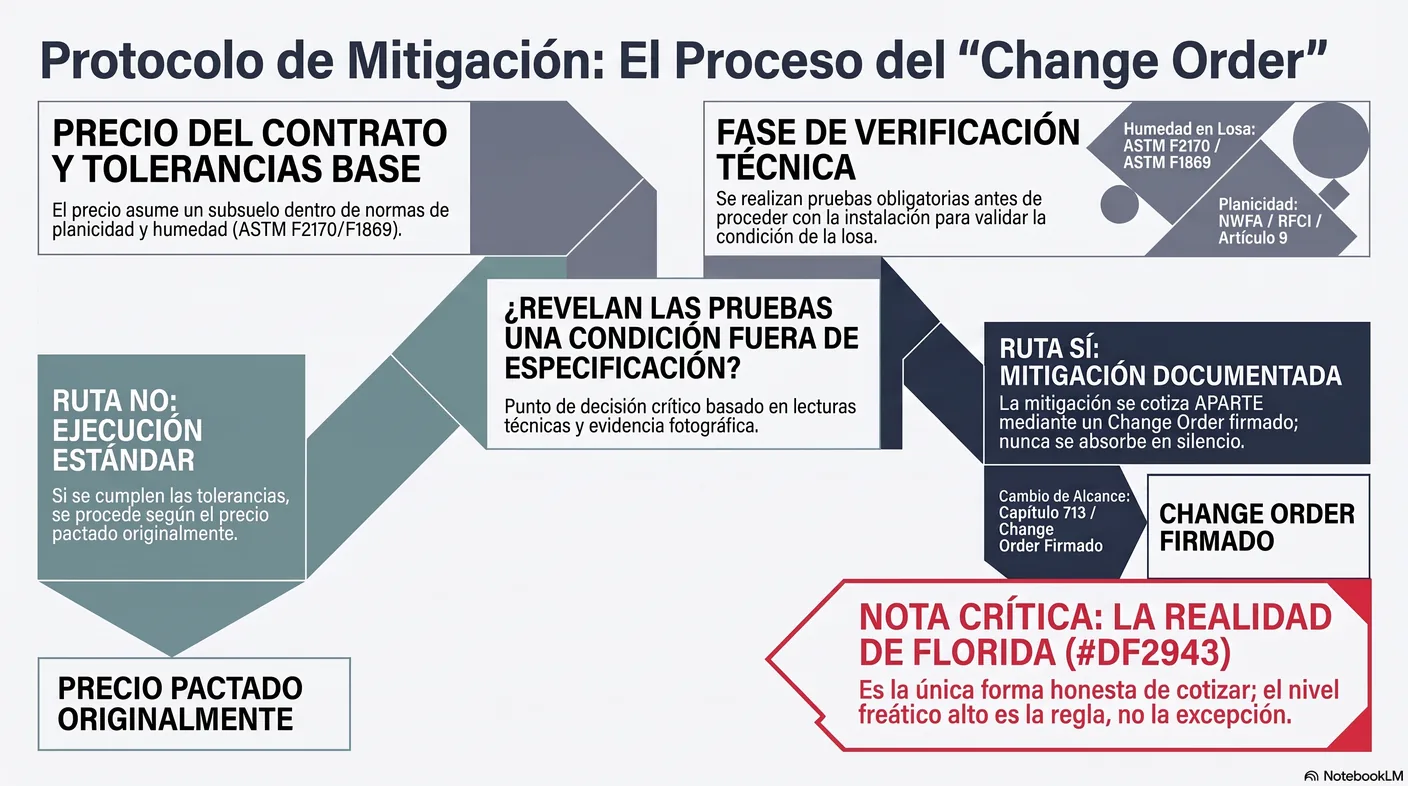 Diagrama que ilustra por qué el precio del contrato asume un subsuelo dentro de tolerancias y cómo, si las pruebas de humedad o planicidad revelan condiciones fuera de especificación, la mitigación se cotiza por separado mediante un cambio de orden firmado.
