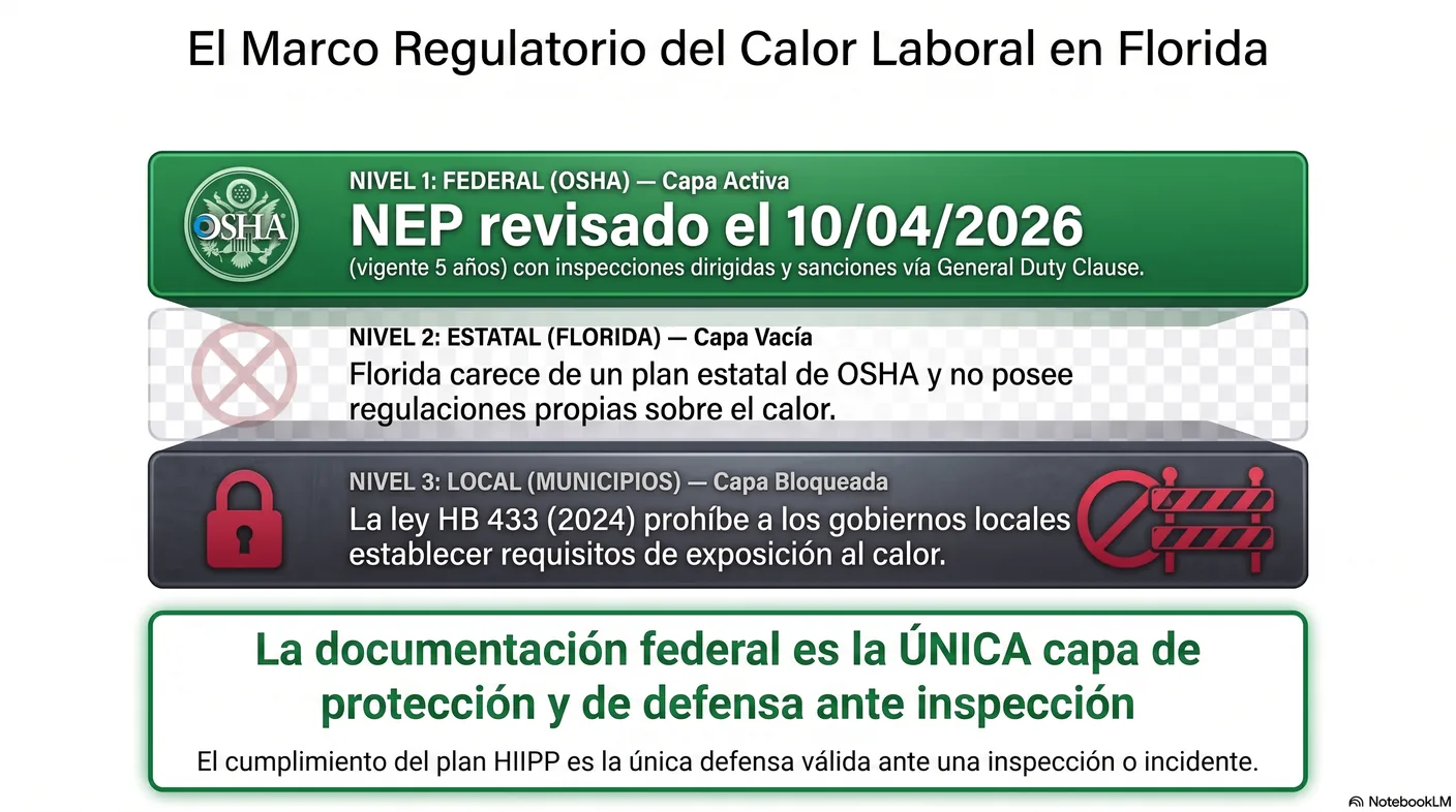 Diagrama que explica por qué en Florida la protección contra el calor laboral es únicamente federal: la fiscalización activa de OSHA mediante su programa de énfasis revisado en abril de 2026, la ausencia de plan estatal o regulación propia de Florida, y la ley que prohíbe a los municipios crear requisitos de calor propios.