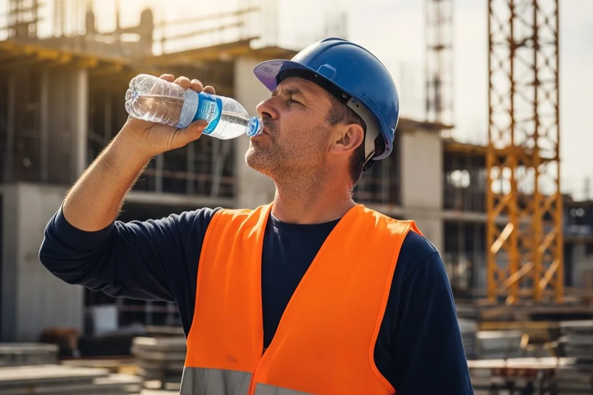 Trabajador de la construcción hidratándose durante una pausa en un ambiente caluroso, con la ropa de trabajo y el equipo de protección propios de una obra en clima subtropical.