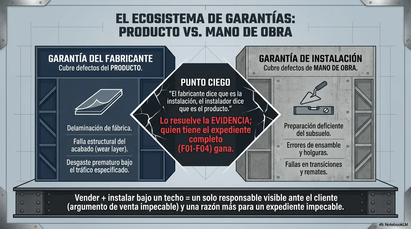 Imagen-tabla que separa las dos garantías de todo piso instalado: la del fabricante, que cubre defectos del producto, y la de instalación, que cubre defectos de mano de obra, mostrando que el empate clásico entre ambas se resuelve con el expediente y que la empresa que vende e instala es un solo responsable ante el cliente.