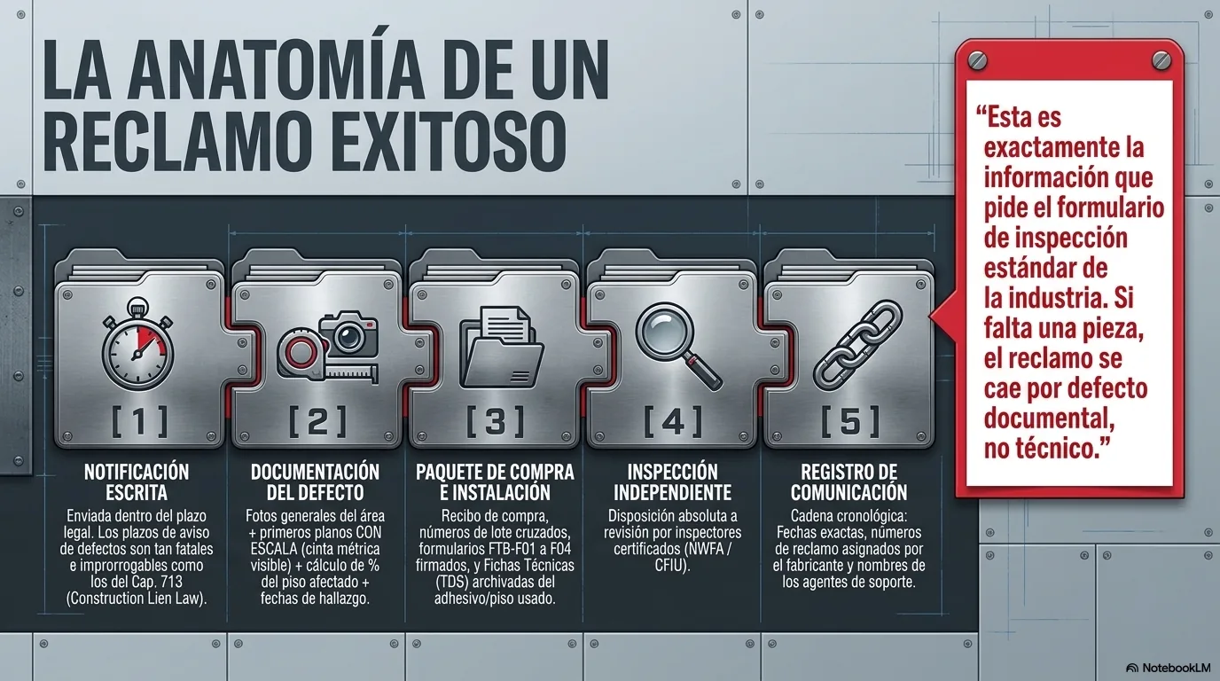 Infografía de los cinco componentes de un reclamo de garantía completo: la notificación escrita dentro del plazo, la documentación del defecto con referencia de escala, el paquete de compra e instalación, la disposición a la inspección independiente, y el registro de toda la comunicación con el fabricante.