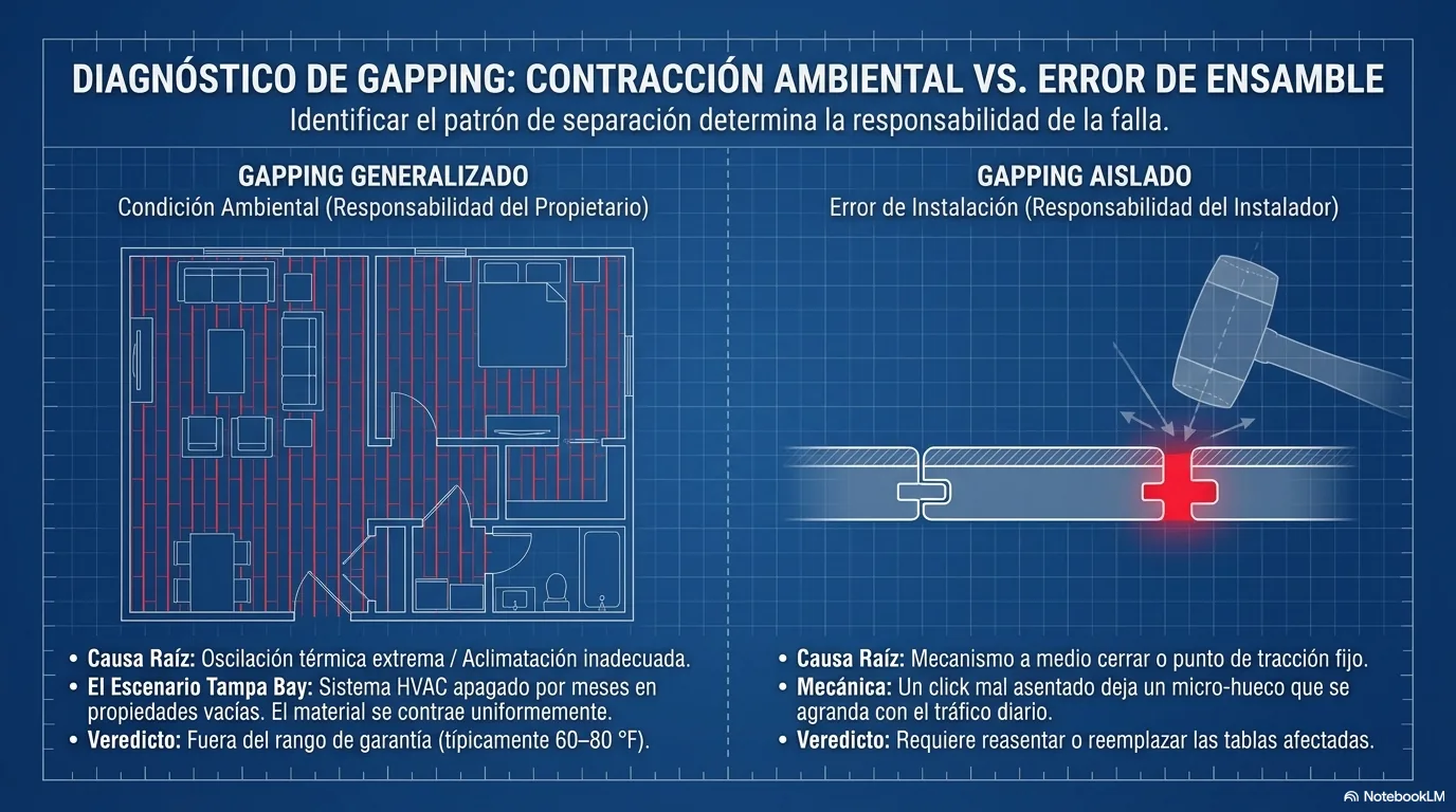 Imagen-tabla que distingue el gapping generalizado, de causa ambiental, del aislado, de instalación, y a quién atribuye la responsabilidad cada uno.