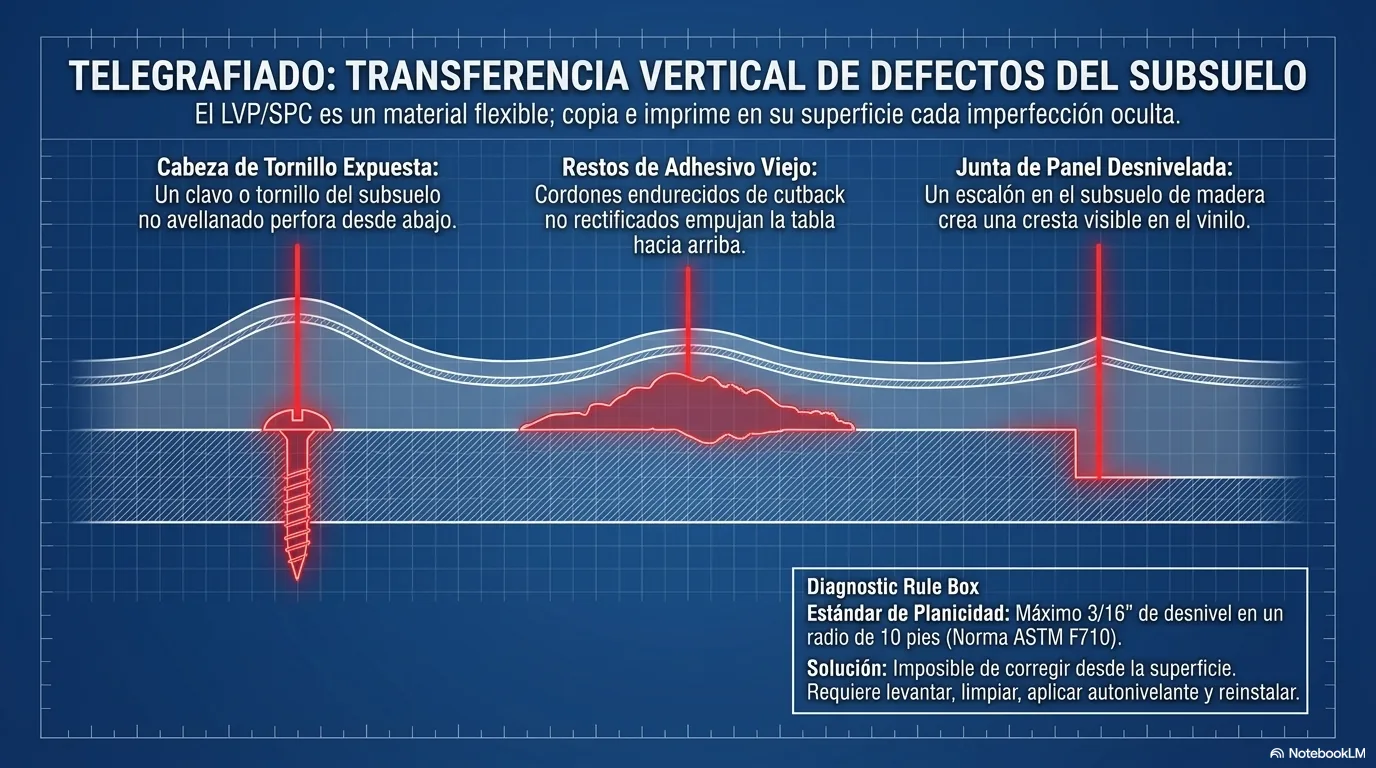 Diagrama que mapea los culpables del telegrafiado bajo el piso: crestas, cabezas de tornillo, restos de adhesivo, juntas de panel y arenilla.