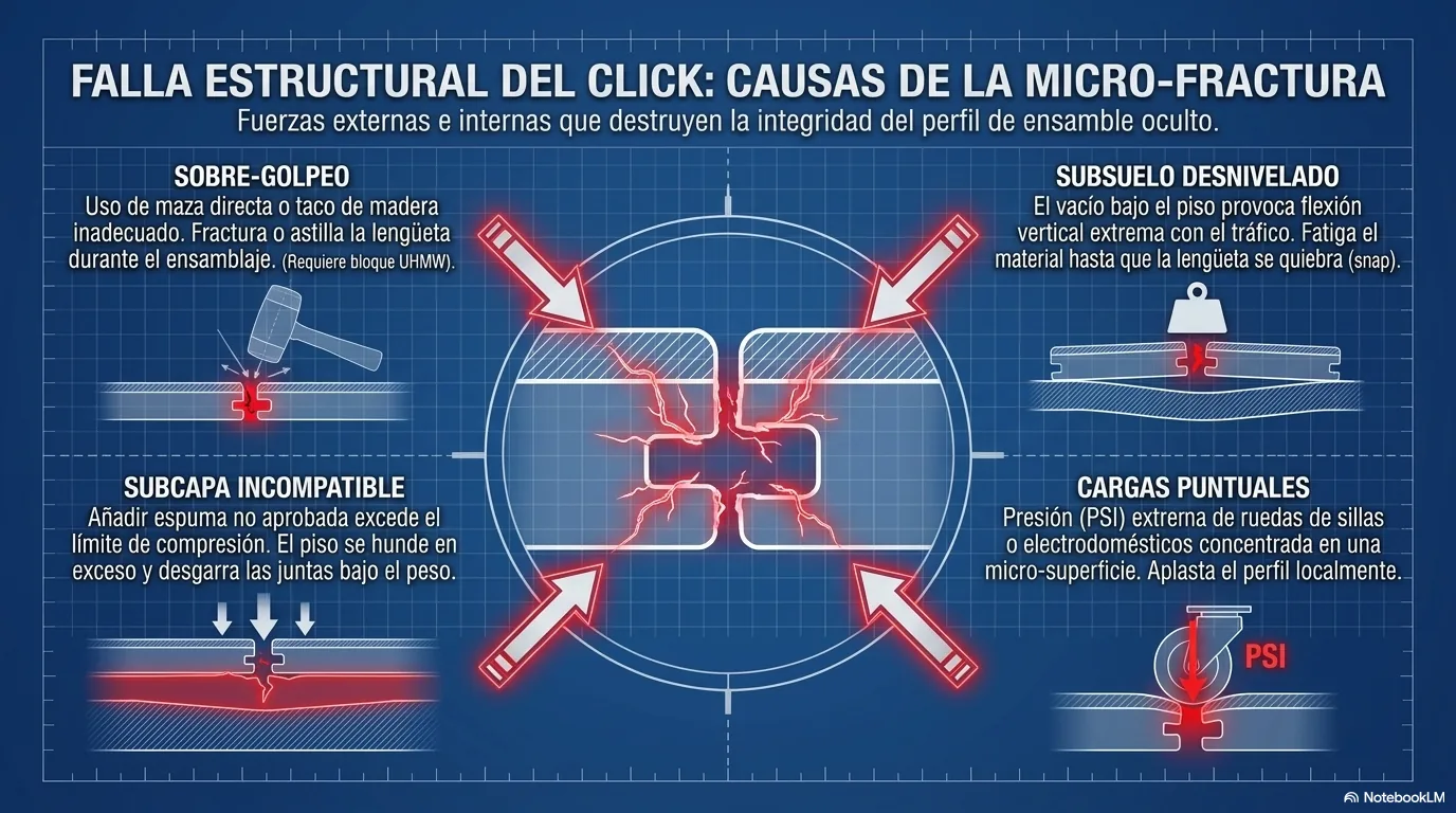 Diagrama de las cuatro causas de la falla del mecanismo de ensamble: sobre-golpeo, subsuelo desnivelado, subcapa incompatible y cargas puntuales.