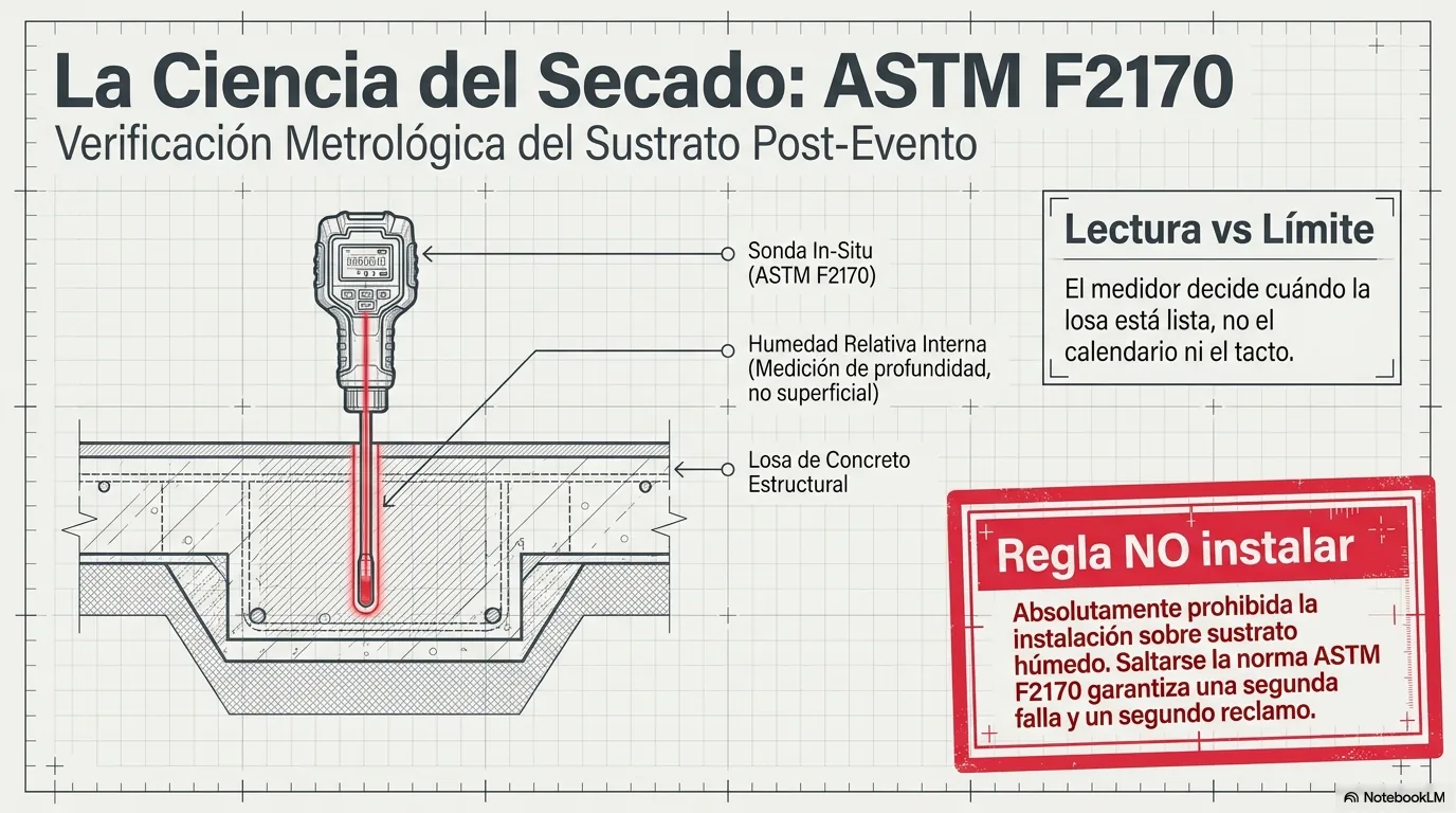 Diagrama de la regla de oro de la restauración: no instalar sobre un sustrato húmedo, verificando la losa con la prueba de humedad relativa interna ASTM F2170 mediante sondas in-situ contra el límite del adhesivo o producto.