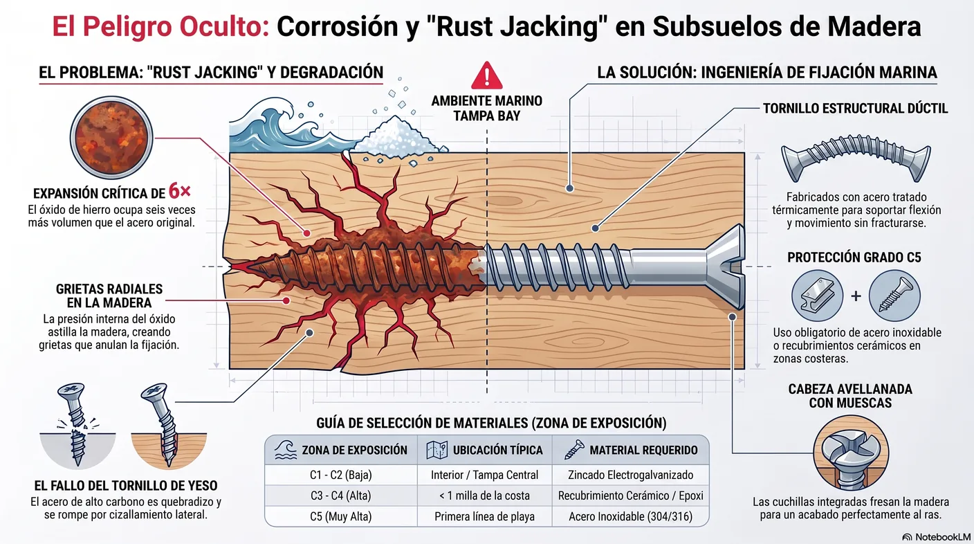 Diagrama del rust jacking: el óxido de un fijador ocupa hasta seis veces el volumen del acero original y astilla la madera desde adentro.
