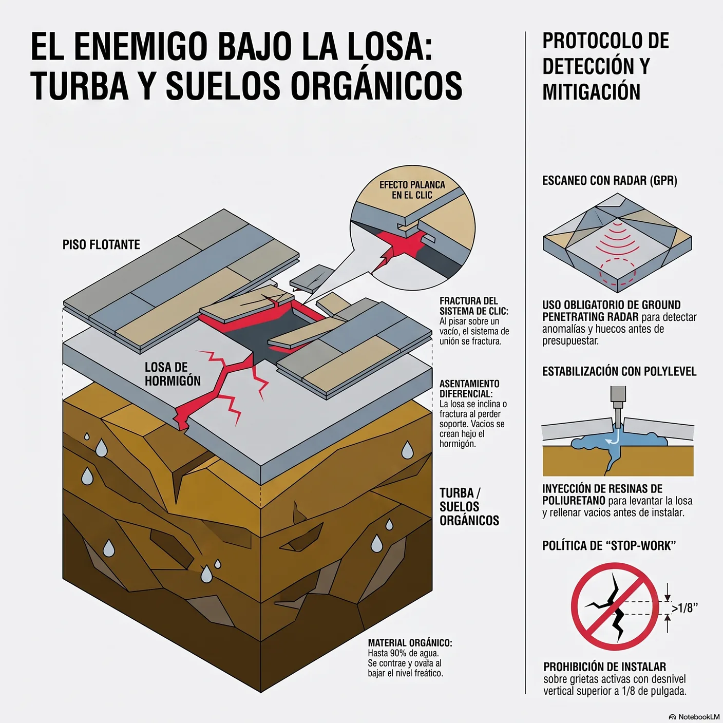 Diagrama de una losa que se inclina y se fractura por el asentamiento de una capa de turba bajo ella, creando vacíos que el piso flotante no puede puentear.