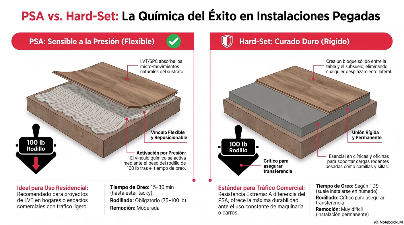 Diagrama que muestra el adhesivo sensible a la presión, que queda flexible y reposicionable, frente al de curado duro, que forma un vínculo rígido y permanente.