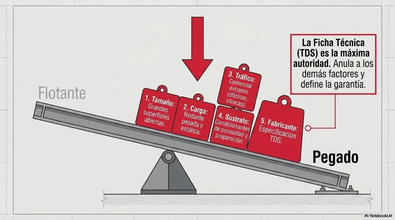 Imagen-tabla de los cinco factores que deciden el método: tamaño, tráfico, tipo de carga, condición del sustrato y especificación del fabricante.