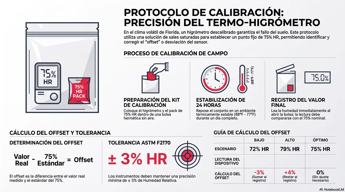 Diagrama de la calibración de campo: el higrómetro se sella con un paquete de referencia al 75 por ciento y se calcula su desviación (offset) respecto al valor conocido.