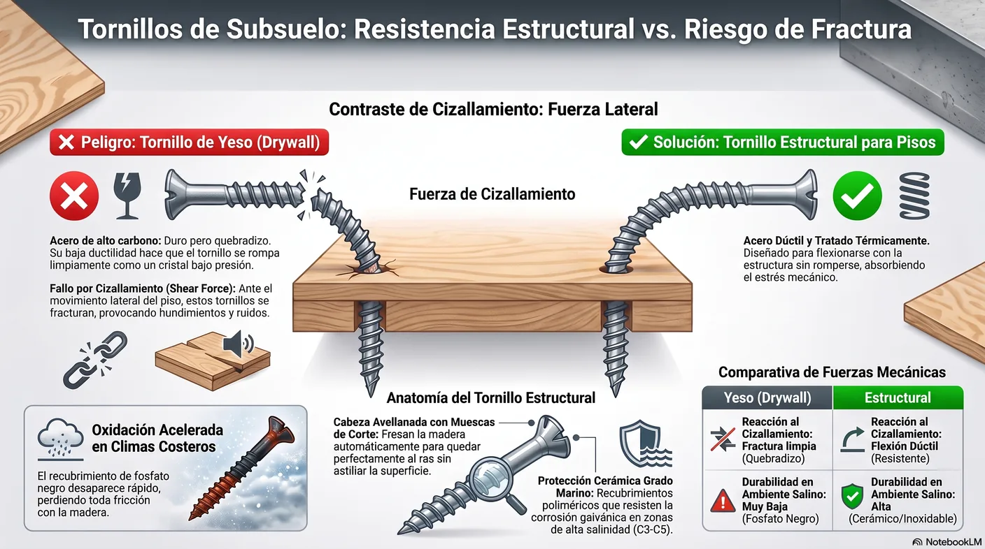 Diagrama que muestra las fuerzas de cizallamiento y tracción sobre un fijador, y cómo el tornillo de yeso quebradizo se rompe mientras el estructural dúctil se flexiona.