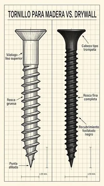 Comparación lado a lado de un tornillo estructural para pisos y un tornillo de panel de yeso, mostrando la diferencia de cabeza y rosca.