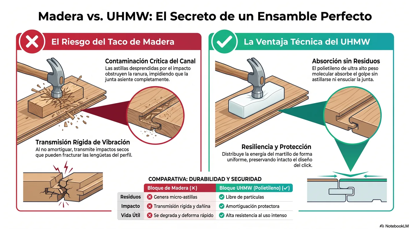 Diagrama que contrasta un taco de madera que se astilla y contamina el canal del clic, causando gapping, con un bloque UHMW que absorbe el impacto sin astillarse.