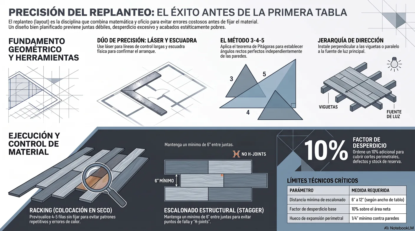 Diagrama que muestra el láser de líneas cruzadas para las líneas largas de control y la escuadra de aluminio para confirmar físicamente el ángulo recto.