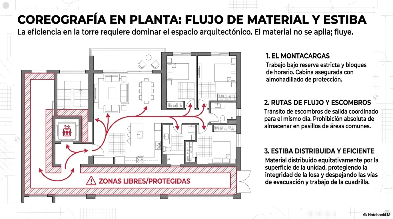 Diagrama que muestra que los palets de SPC son mucho más pesados que los de laminado, por lo que se respetan el límite de carga del ascensor de servicio y la carga puntual que la losa tolera, fraccionando la entrega en viajes y distribuyendo el material por la superficie en lugar de concentrarlo en un punto.