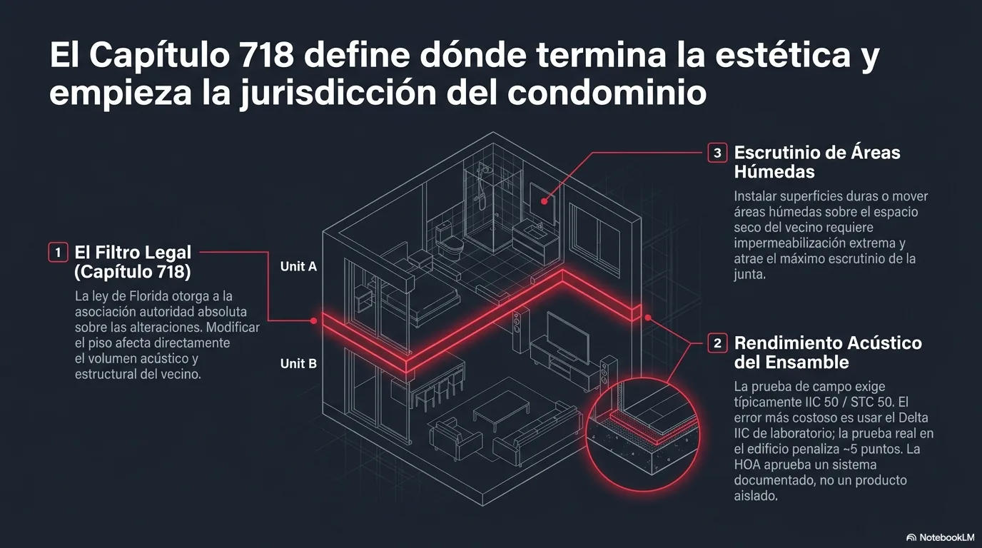 Diagrama de por qué cambiar un piso en un condominio pasa por la asociación: el Capítulo 718 le da autoridad sobre las alteraciones, suele exigir un rendimiento acústico mínimo del ensamble al pasar de alfombra a superficie dura, y da escrutinio extra a las áreas húmedas instaladas sobre el espacio seco de un vecino.