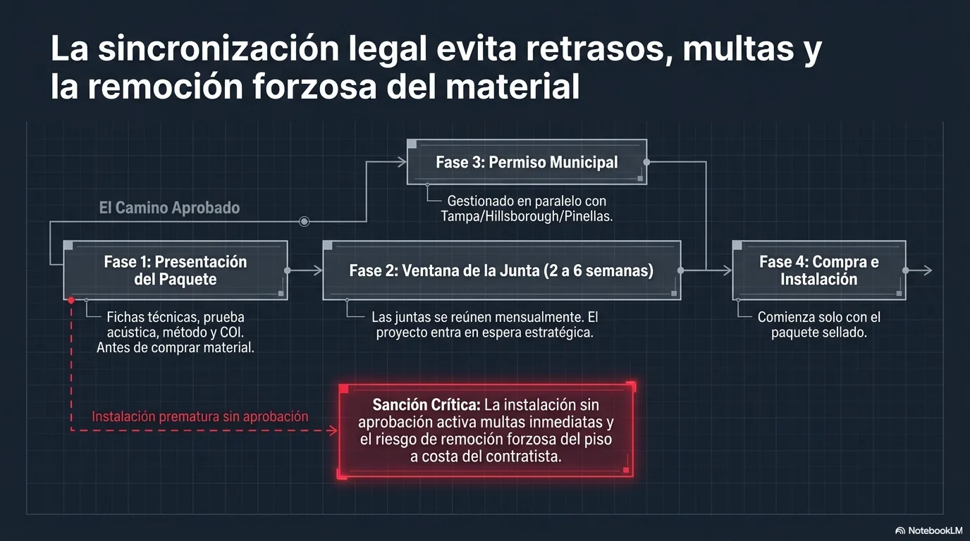 Diagrama de la secuencia de tiempos: se presenta el paquete antes de comprar el material, la aprobación tarda de dos a seis semanas porque las juntas se reúnen una vez al mes, instalar sin aprobación arriesga multas y remoción forzosa a costa del contratista, y el permiso municipal se gestiona aparte de la aprobación de la asociación.