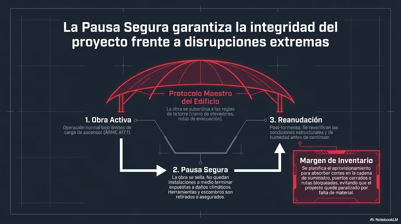 Diagrama de la pausa segura: se planifica un margen de inventario para no quedar a mitad de obra si la cadena de suministro se corta, se deja la obra en estado seguro sin instalaciones a medio terminar, se reverifican las condiciones de humedad y daño al reanudar, y se coordina con el plan de huracán del edificio, que tiene prioridad.