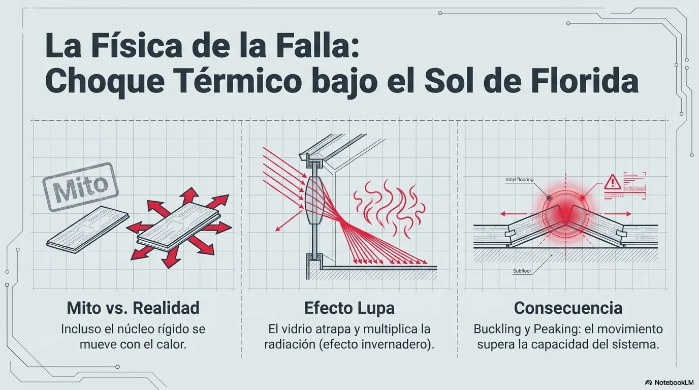 Diagrama que desmonta el mito de que el SPC rígido es dimensionalmente inerte: también se expande con el calor y se contrae con el frío, y bajo el efecto lupa de un cerramiento ese movimiento acumulado provoca pandeo y levantamiento en un piso flotante.