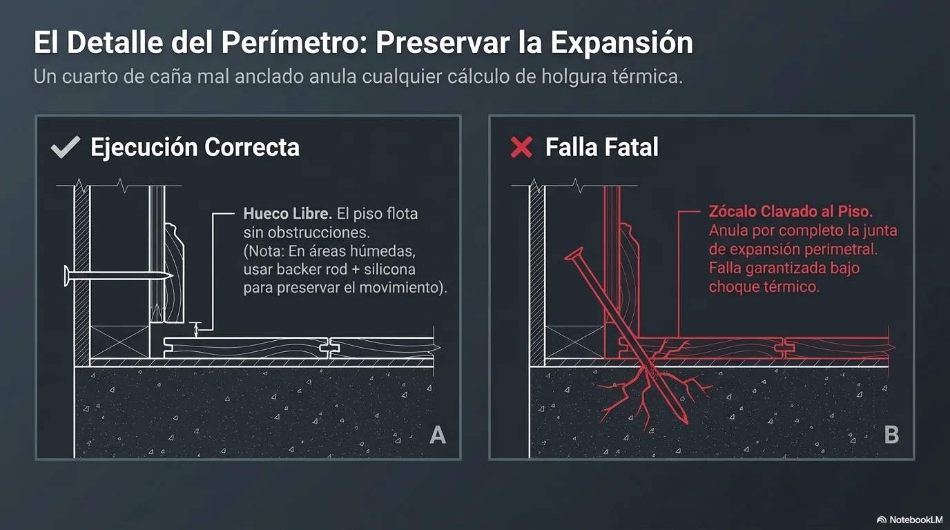 Diagrama en corte que muestra el hueco de expansión ampliado quedando libre para que el piso se mueva, con el zócalo descansando sobre la pared sin pisar el piso, porque un zócalo clavado al piso anula toda la expansión.