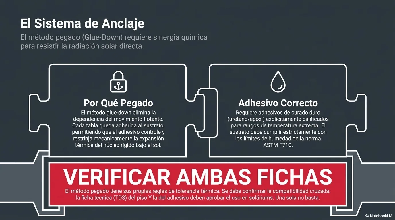 Diagrama que muestra por qué el pegado elimina la dependencia del movimiento flotante y por qué exige un adhesivo de curado duro —uretano o epoxi— calificado para el rango térmico, verificando tanto la ficha del piso como la del adhesivo y consultando al fabricante.
