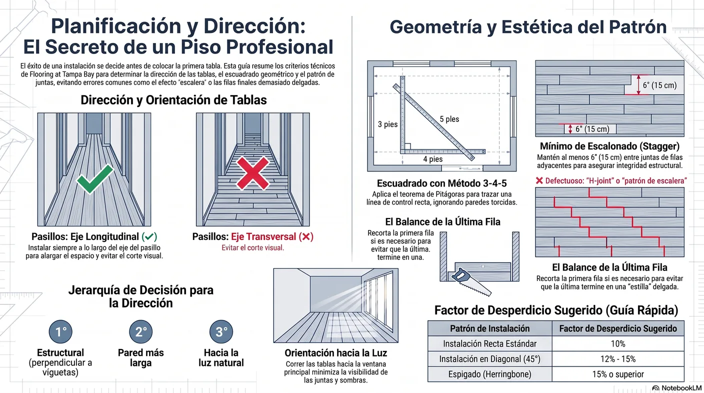 Diagrama que muestra las tablas corriendo a lo largo del eje de un pasillo para alargarlo visualmente.