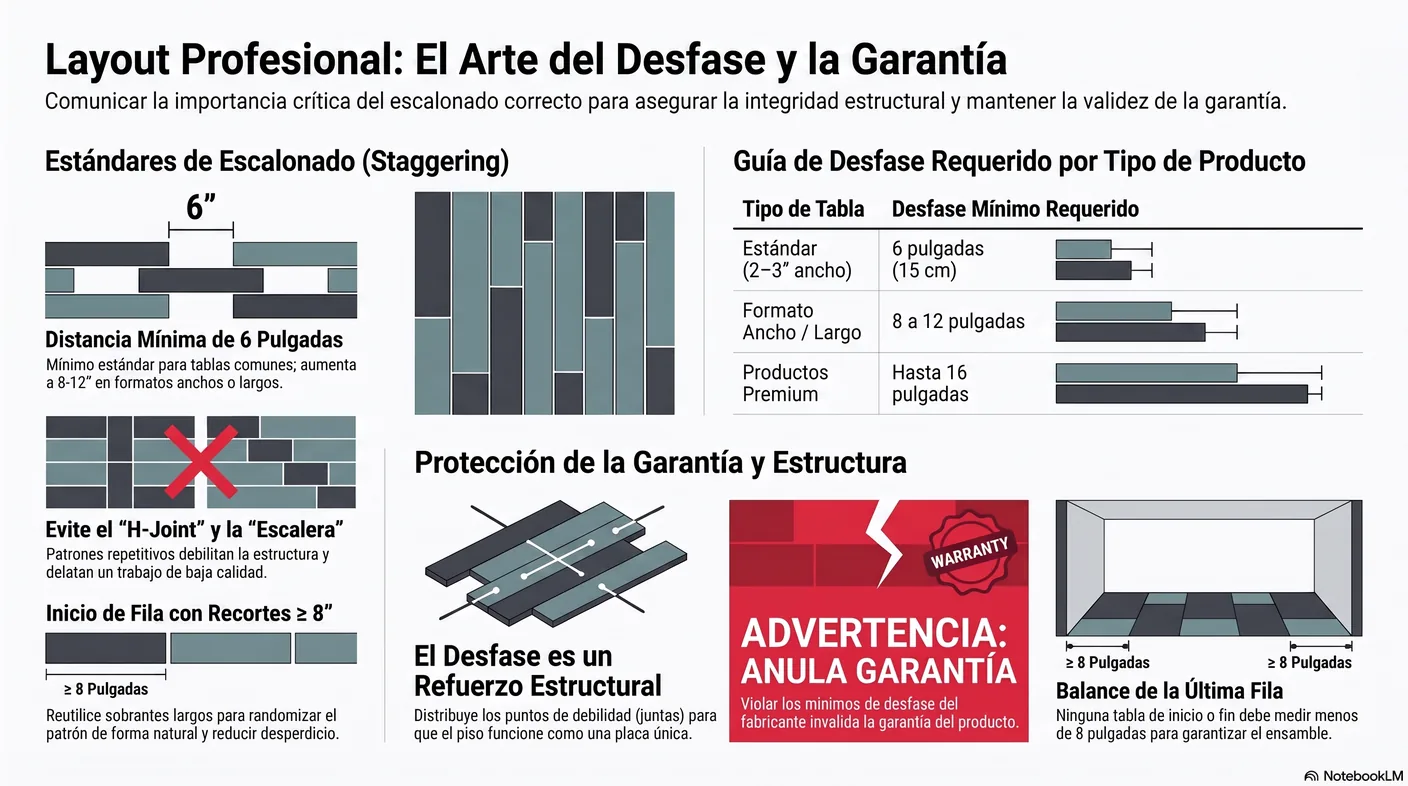 Imagen-tabla de la separación mínima entre juntas de cabeza según el ancho y formato de la tabla, advirtiendo que violarla puede anular la garantía.